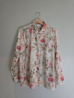 J. Jill Floral Button Down Blouse M Cotton Silk Boho Lightweight Beach Cover Top